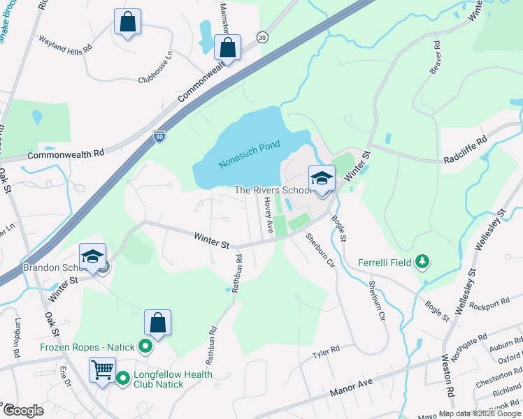 map of restaurants, bars, coffee shops, grocery stores, and more near 11 Hovey Avenue in Natick