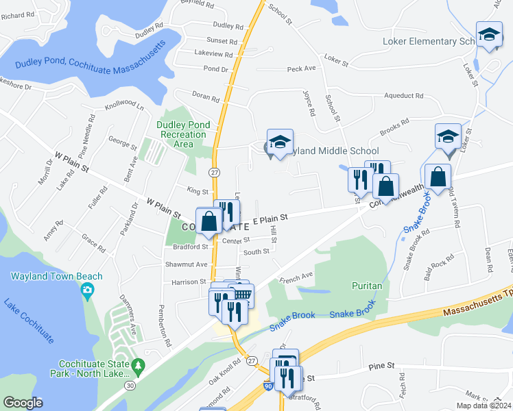 map of restaurants, bars, coffee shops, grocery stores, and more near 4 Dunster Avenue in Wayland