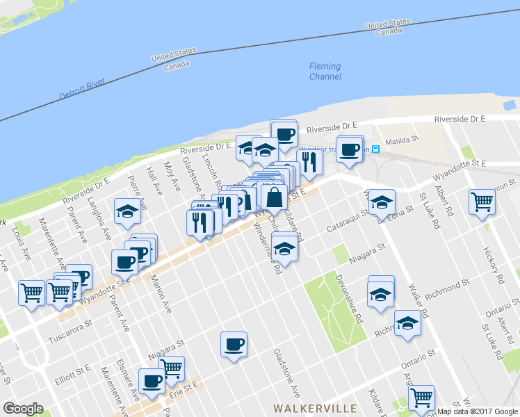 map of restaurants, bars, coffee shops, grocery stores, and more near 1778 Wyandotte St E in Windsor