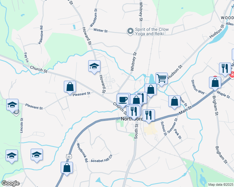 map of restaurants, bars, coffee shops, grocery stores, and more near 18 Whitney Street in Northborough