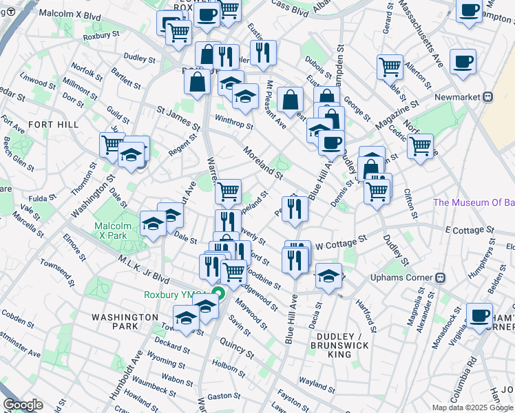 map of restaurants, bars, coffee shops, grocery stores, and more near 43 Copeland Street in Boston