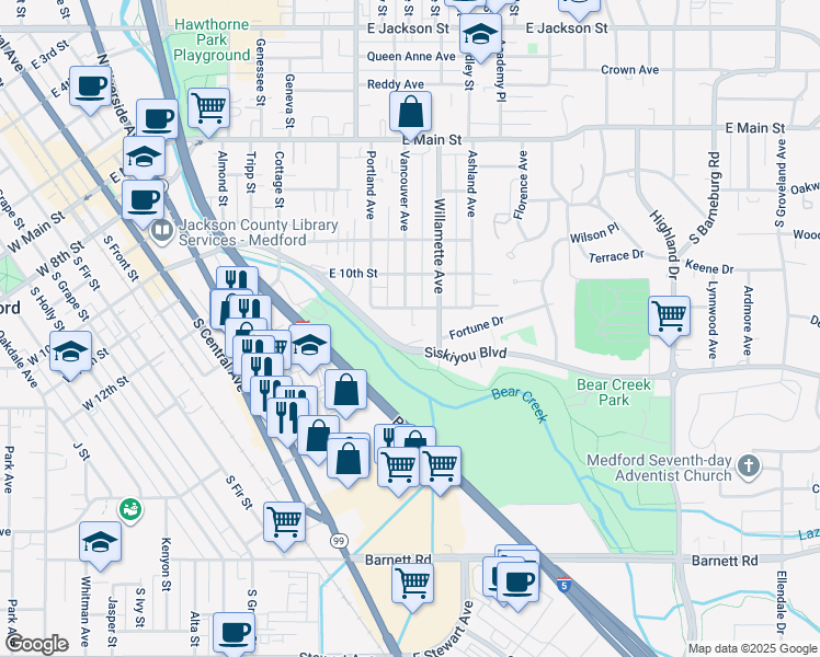 map of restaurants, bars, coffee shops, grocery stores, and more near 1028 East 11th Street in Medford