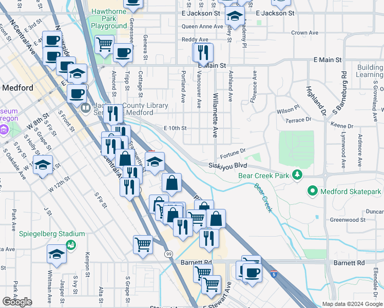 map of restaurants, bars, coffee shops, grocery stores, and more near 1028 East 11th Street in Medford