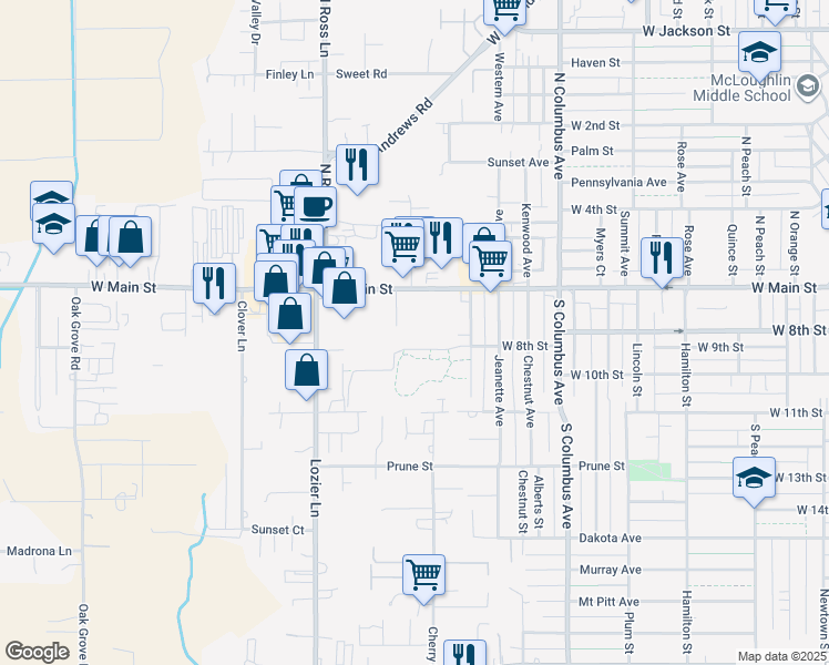 map of restaurants, bars, coffee shops, grocery stores, and more near 1860 West 8th Street in Medford