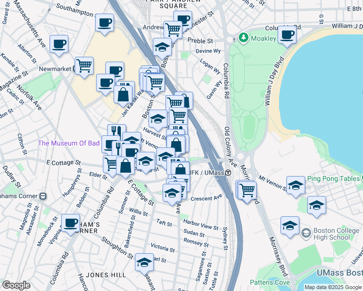 map of restaurants, bars, coffee shops, grocery stores, and more near 834 Dorchester Avenue in Boston