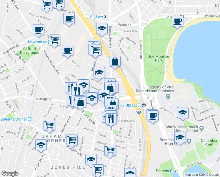 map of restaurants, bars, coffee shops, grocery stores, and more near 834 Dorchester Avenue in Boston