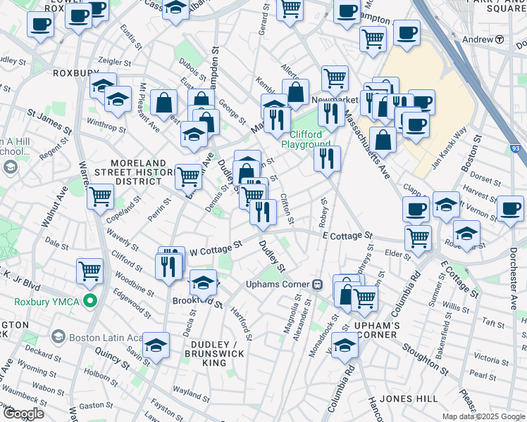 map of restaurants, bars, coffee shops, grocery stores, and more near 19 Burrell Street in Boston
