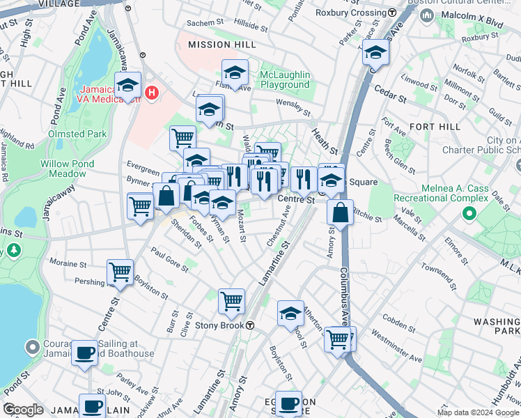 map of restaurants, bars, coffee shops, grocery stores, and more near in Boston