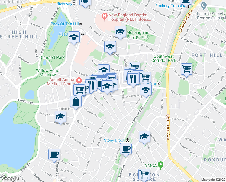 map of restaurants, bars, coffee shops, grocery stores, and more near 334 Centre Street in Boston