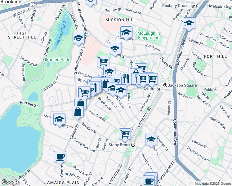 map of restaurants, bars, coffee shops, grocery stores, and more near 334 Centre Street in Boston