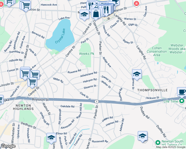 map of restaurants, bars, coffee shops, grocery stores, and more near 141 Parker Street in Newton