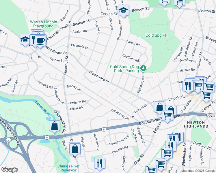 map of restaurants, bars, coffee shops, grocery stores, and more near 208 Woodward Street in Newton