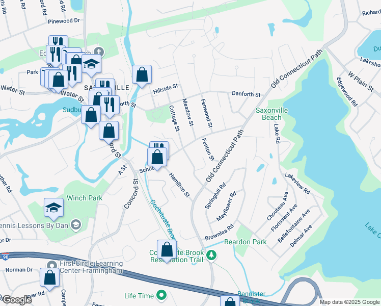 map of restaurants, bars, coffee shops, grocery stores, and more near 4 Lovering Avenue in Framingham
