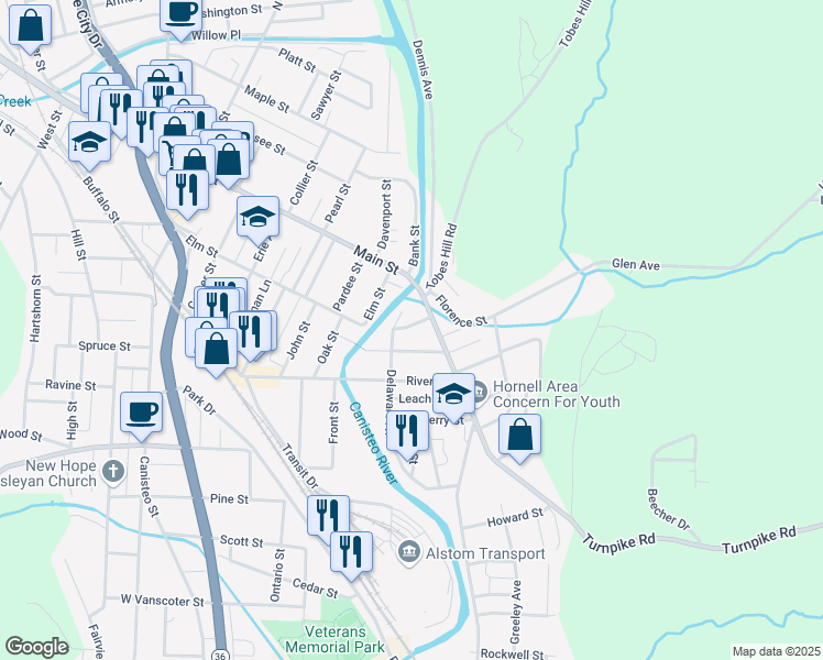 map of restaurants, bars, coffee shops, grocery stores, and more near 9 Prindle Avenue in Hornell