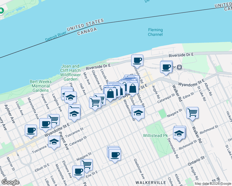 map of restaurants, bars, coffee shops, grocery stores, and more near in Windsor