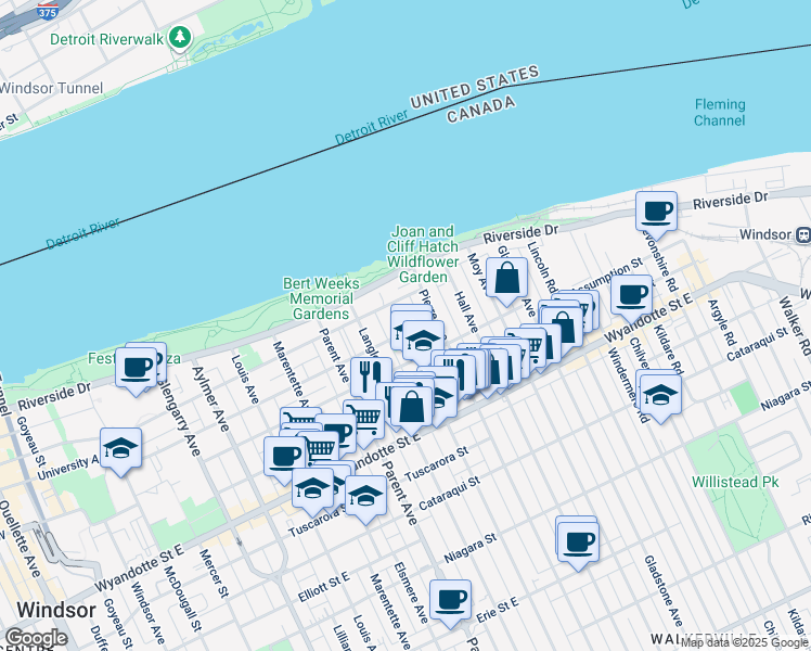 map of restaurants, bars, coffee shops, grocery stores, and more near 1049 Chatham Street East in Windsor