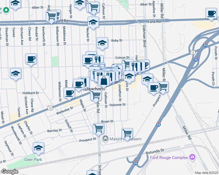 map of restaurants, bars, coffee shops, grocery stores, and more near 13269 Michigan Avenue in Dearborn