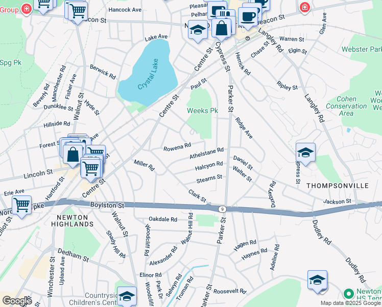 map of restaurants, bars, coffee shops, grocery stores, and more near 67 Athelstane Road in Newton