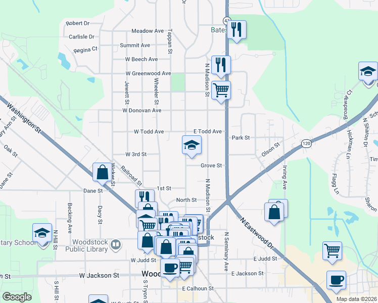 map of restaurants, bars, coffee shops, grocery stores, and more near 824 Clay Street in Woodstock