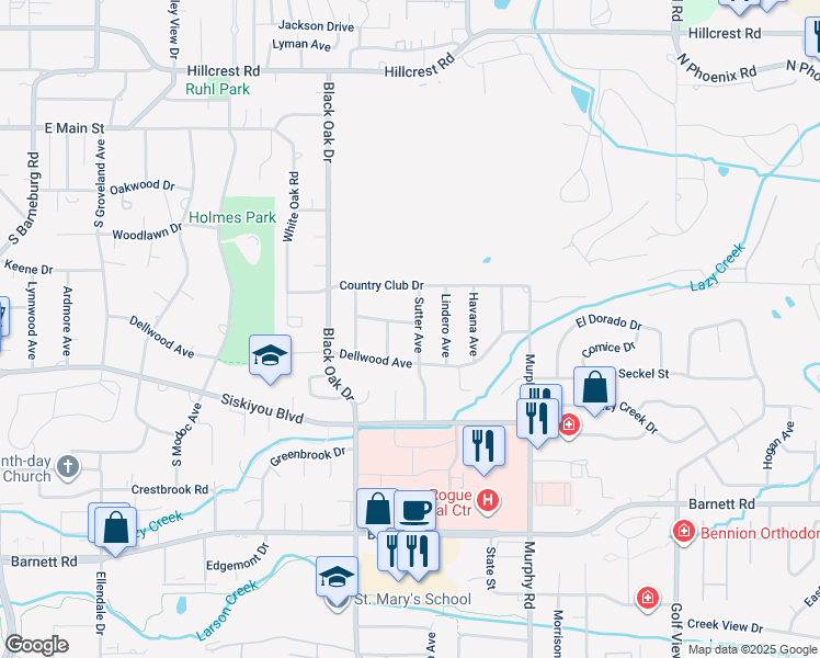 map of restaurants, bars, coffee shops, grocery stores, and more near 2548 Sandy Terrace in Medford