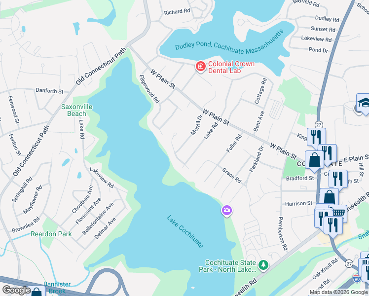 map of restaurants, bars, coffee shops, grocery stores, and more near 20 Morrill Drive in Wayland
