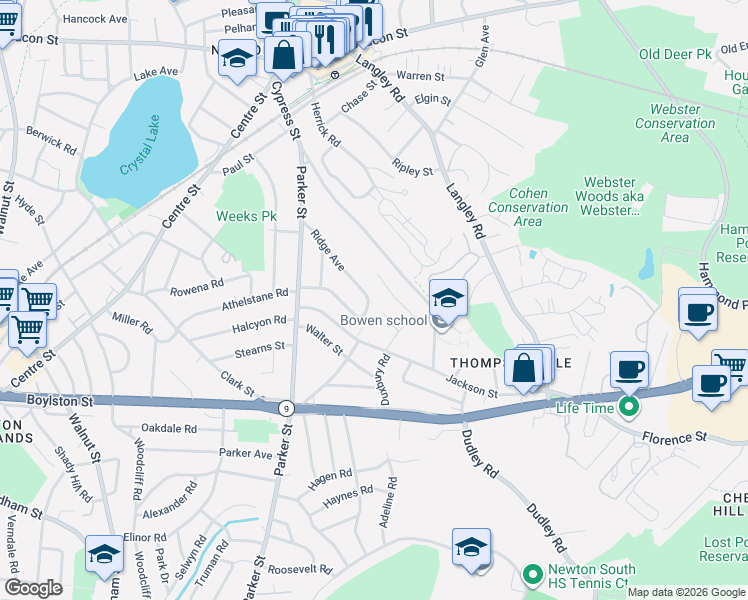 map of restaurants, bars, coffee shops, grocery stores, and more near 87 Ridge Avenue in Newton
