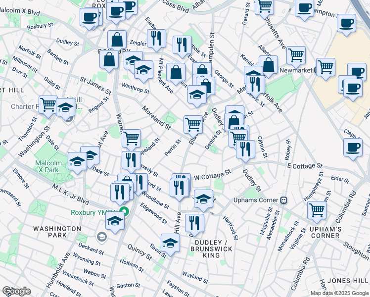 map of restaurants, bars, coffee shops, grocery stores, and more near 85 Blue Hill Avenue in Boston