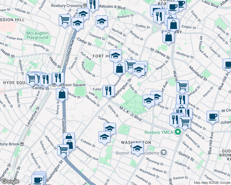 map of restaurants, bars, coffee shops, grocery stores, and more near 2757 Washington Street in Boston