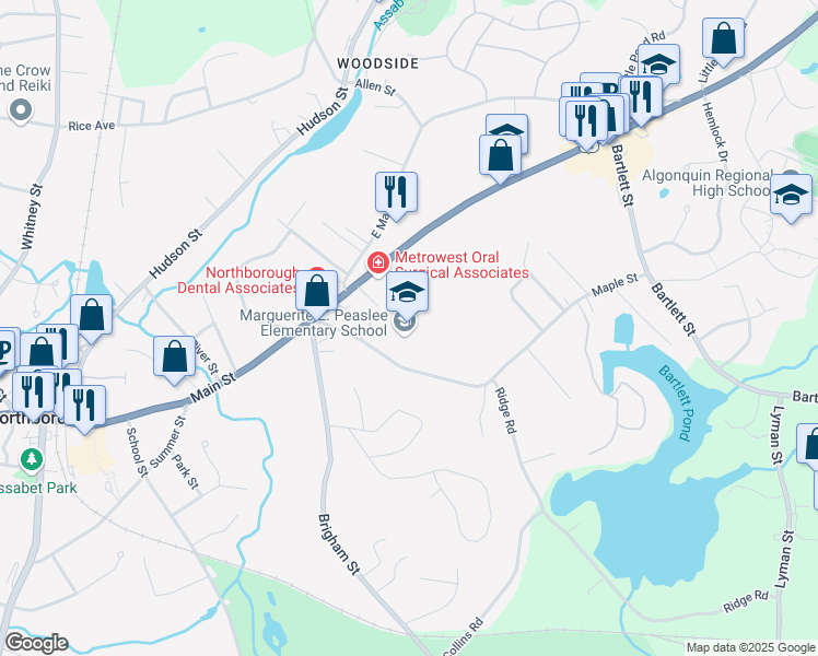 map of restaurants, bars, coffee shops, grocery stores, and more near 31 Maple Street in Northborough