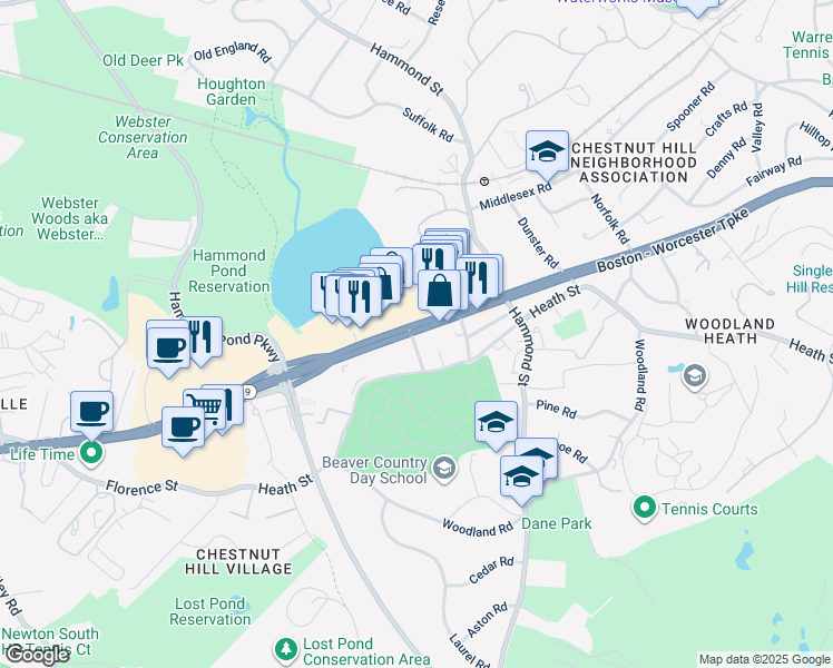 map of restaurants, bars, coffee shops, grocery stores, and more near 1262 Massachusetts 9 in Brookline