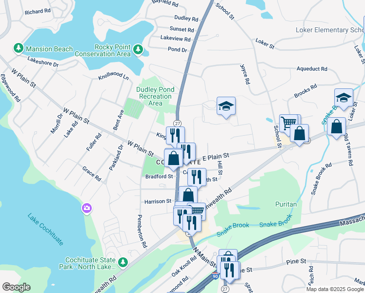 map of restaurants, bars, coffee shops, grocery stores, and more near 163 Main Street in Wayland
