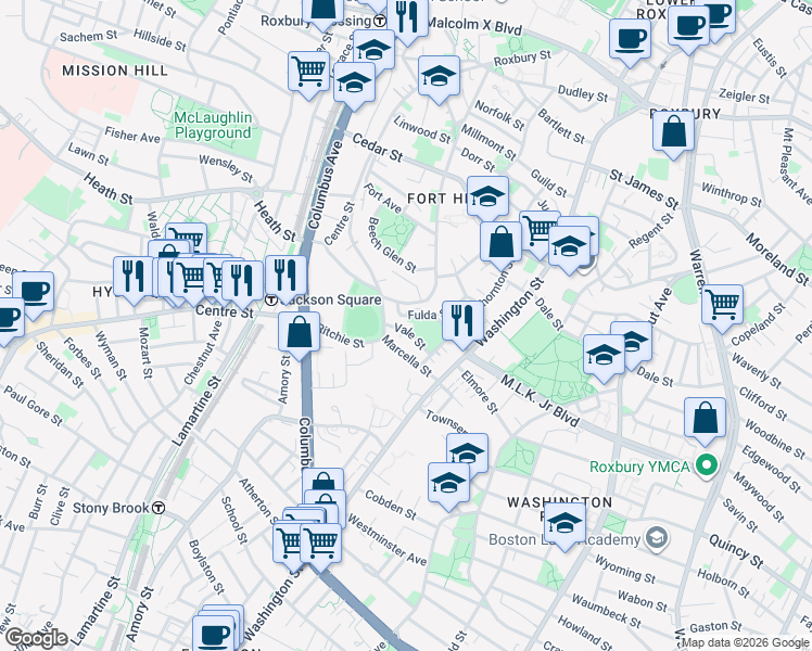 map of restaurants, bars, coffee shops, grocery stores, and more near 45 Fulda Street in Boston