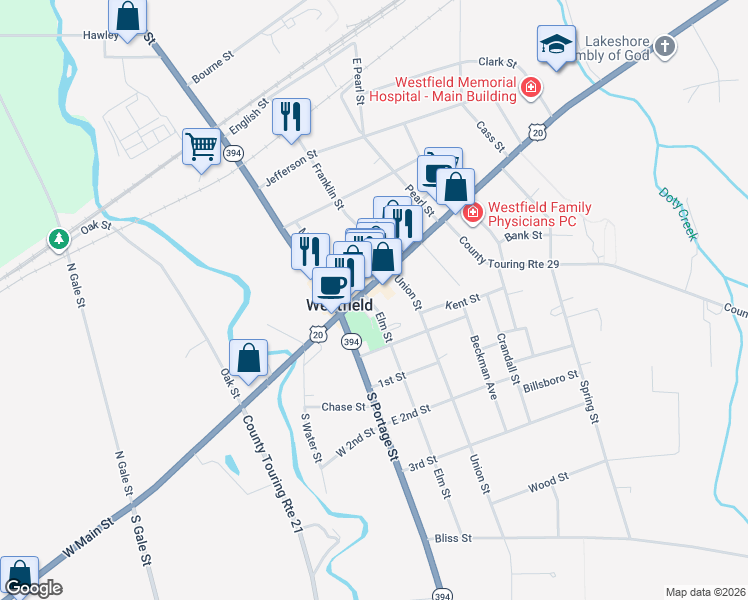 map of restaurants, bars, coffee shops, grocery stores, and more near 7 Elm Street in Westfield