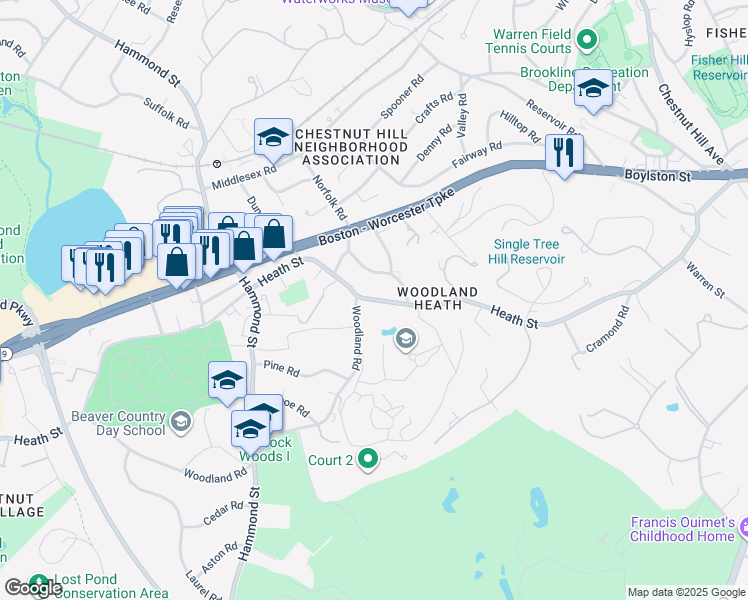 map of restaurants, bars, coffee shops, grocery stores, and more near Heath Street in Brookline