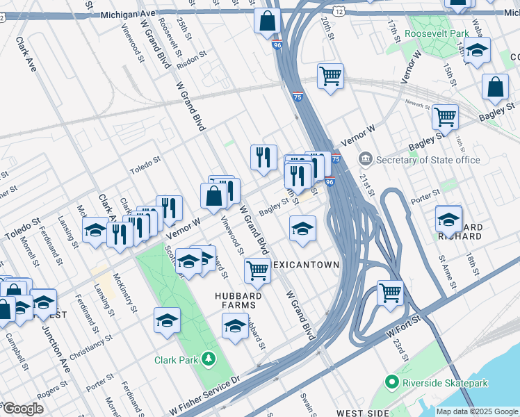 map of restaurants, bars, coffee shops, grocery stores, and more near 3628 Bagley Street in Detroit
