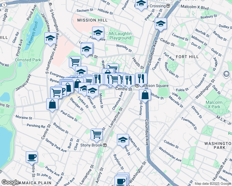 map of restaurants, bars, coffee shops, grocery stores, and more near 12 Estrella Street in Boston