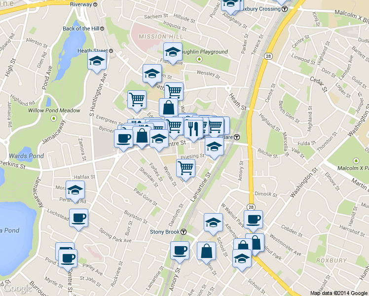 map of restaurants, bars, coffee shops, grocery stores, and more near 10 Mozart Street in Boston