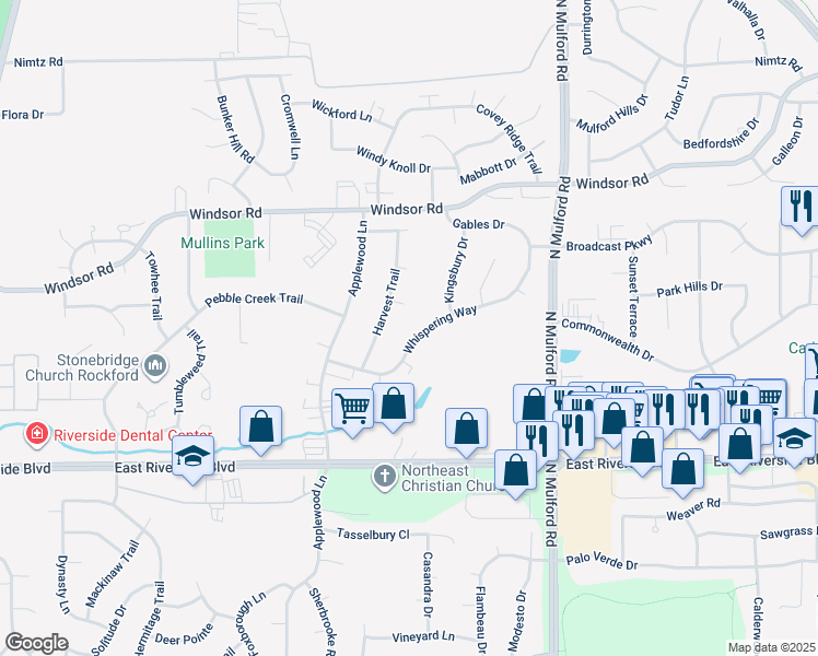map of restaurants, bars, coffee shops, grocery stores, and more near 5762 Whispering Way in Loves Park