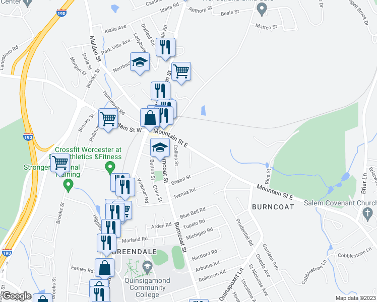 map of restaurants, bars, coffee shops, grocery stores, and more near 36 Mountain Street East in Worcester