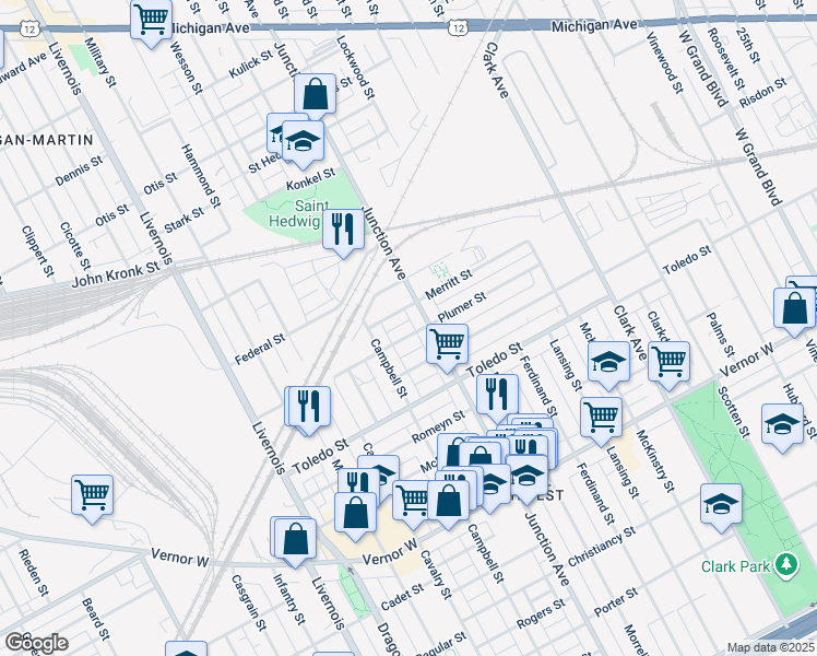 map of restaurants, bars, coffee shops, grocery stores, and more near 5640 Plumer Street in Detroit