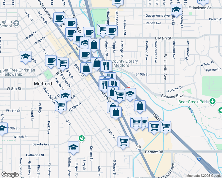 map of restaurants, bars, coffee shops, grocery stores, and more near 521 South Riverside Avenue in Medford