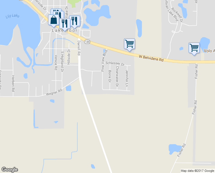 map of restaurants, bars, coffee shops, grocery stores, and more near 31576 Borre Drive in Lakemoor