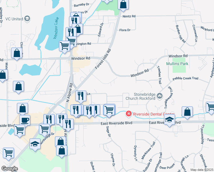 map of restaurants, bars, coffee shops, grocery stores, and more near 2301 Harlem Crest Road in Loves Park