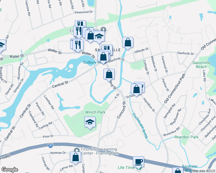 map of restaurants, bars, coffee shops, grocery stores, and more near 22 Watson Place in Framingham