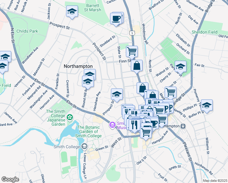 map of restaurants, bars, coffee shops, grocery stores, and more near 54 Prospect Street in Northampton