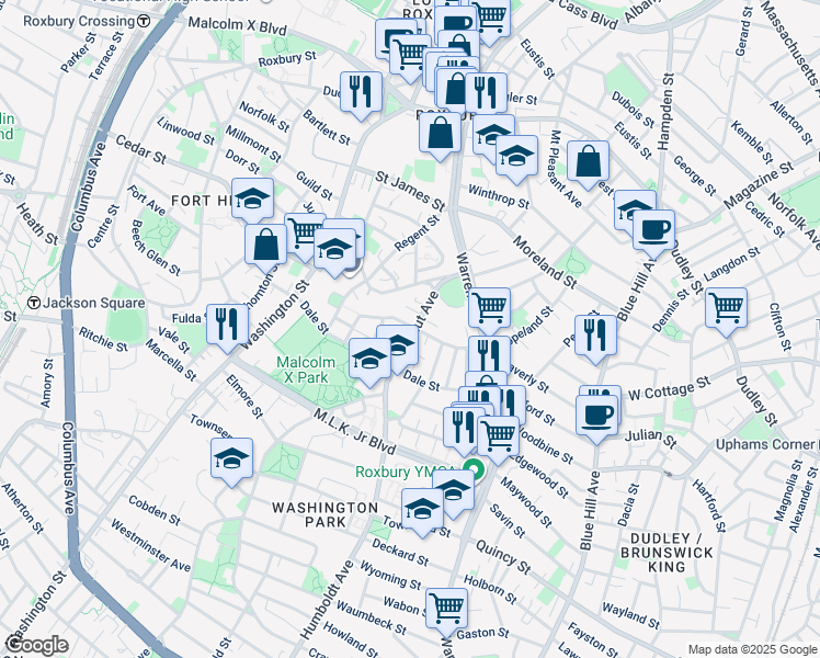 map of restaurants, bars, coffee shops, grocery stores, and more near 44 Rockland Street in Boston