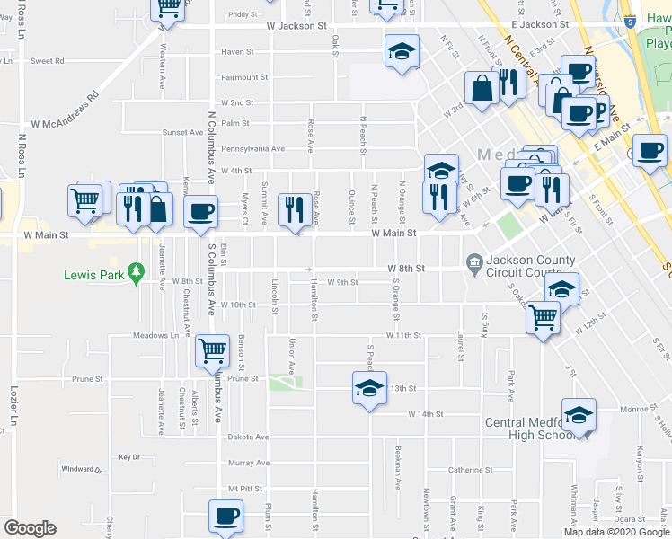 map of restaurants, bars, coffee shops, grocery stores, and more near 1199 West 8th Street in Medford