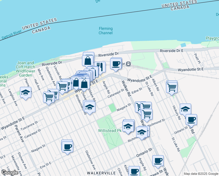 map of restaurants, bars, coffee shops, grocery stores, and more near 708 Argyle Road in Windsor