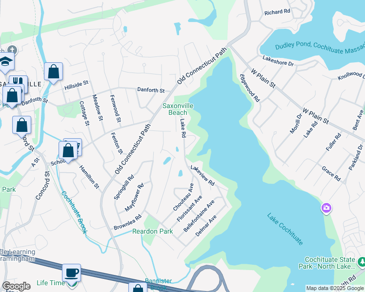 map of restaurants, bars, coffee shops, grocery stores, and more near 95 Lake Road in Framingham