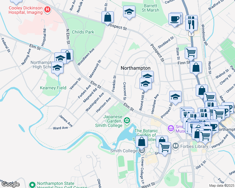 map of restaurants, bars, coffee shops, grocery stores, and more near 211 Elm Street in Northampton